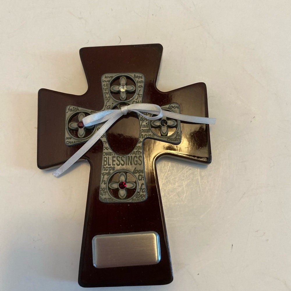First Communion Wall Cross Cherrywood Silver Overlay With White Ribbon Blessings